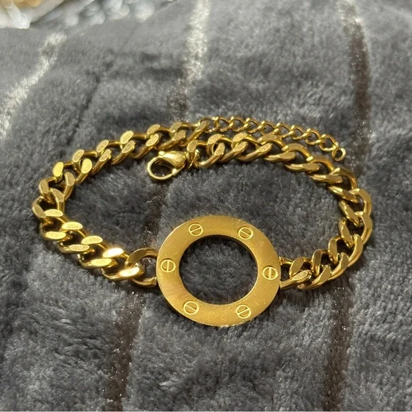18K Gold-Plated Stainless Steel Link Chain Screw Circle Bracelet - Picture 3 of 5